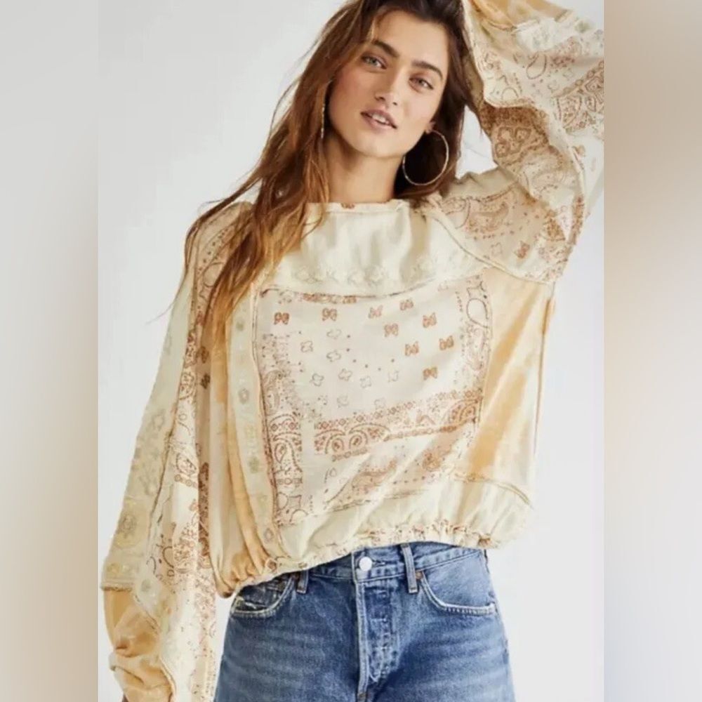 Free People Boom Boom long sleeved patchwork Boho tunic. Size XS. Cream and tan.